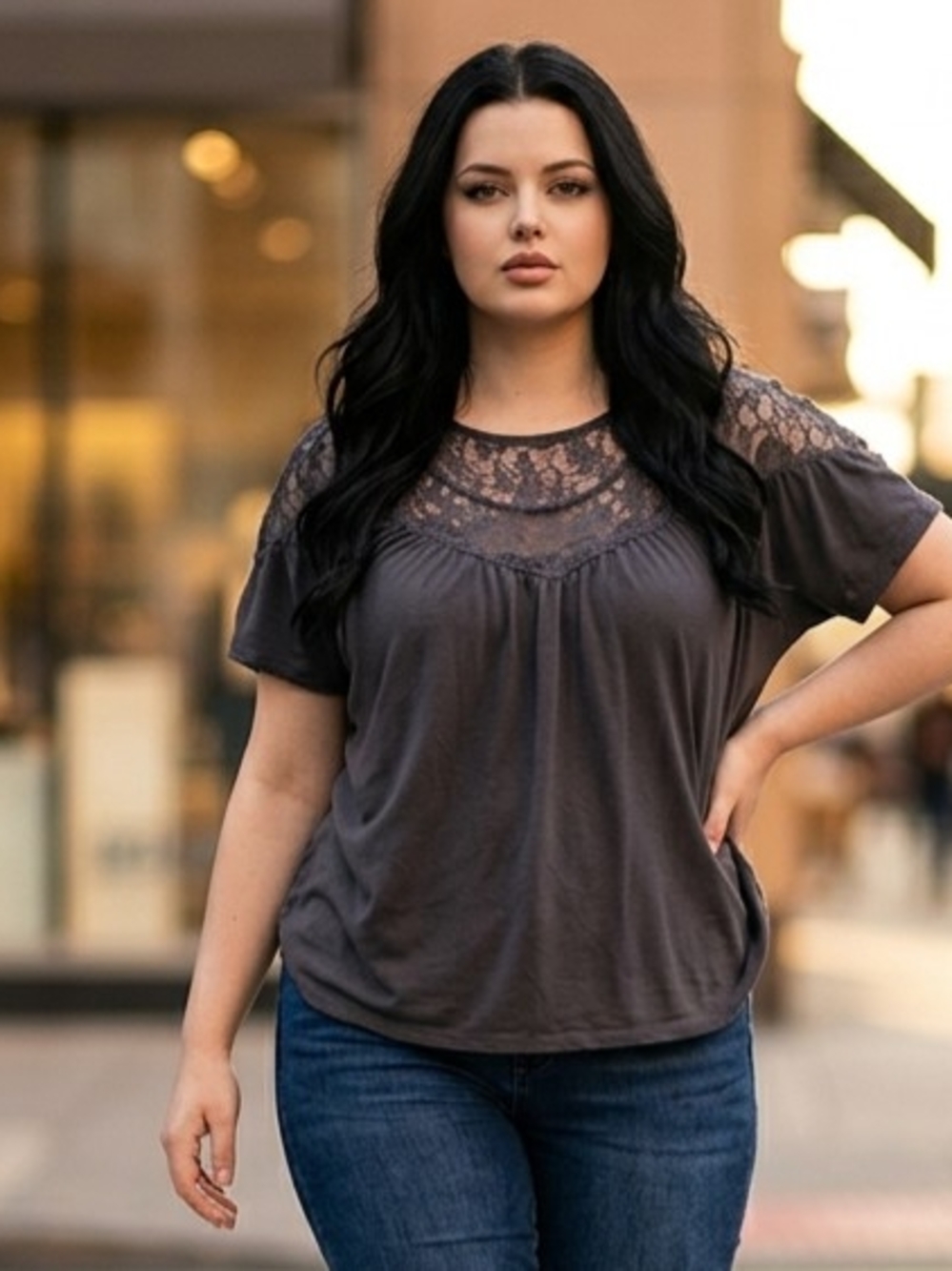 JOLT XL Dark Grey Shortsleeve Sheer Floral Lace Yoke A Gathered Relaxed Bodice